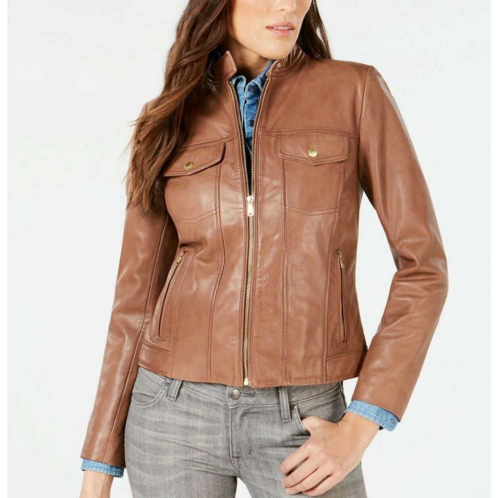 Cole Haan Leather Mock Neck Zip Pocket Jacket